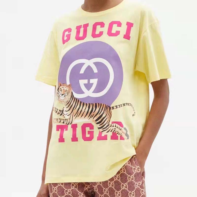 G*u*i men gg tiger interlocking g t-shirt yellow cotton jersey flower crewneck oversize fit