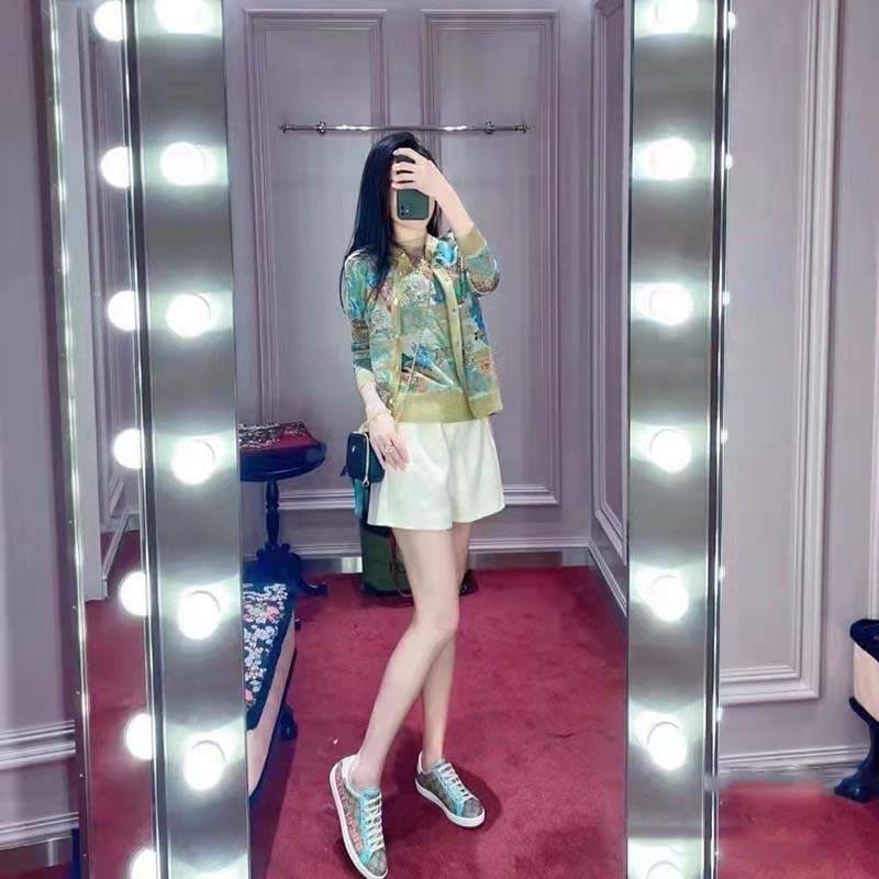 G*u*i women gg tiger jacquard cardigan gold green tiger flower extra fine lurex crewneck