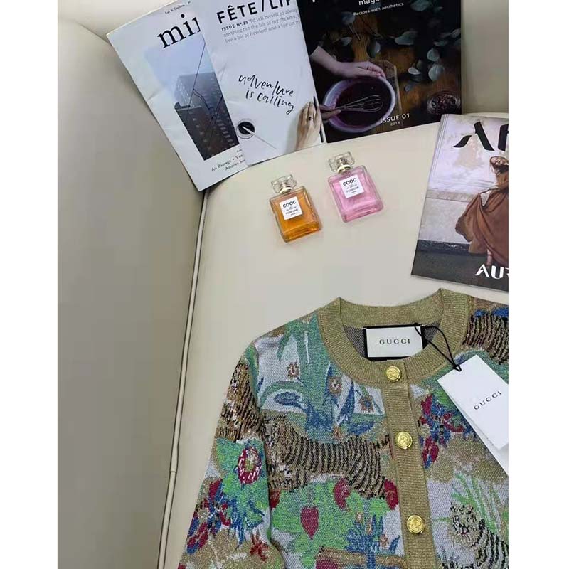 G*u*i men gg tiger jacquard cardigan gold green tiger flower extra fine lurex crewneck