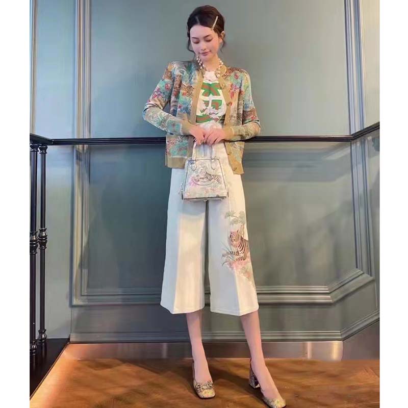 G*u*i women gg tiger jacquard cardigan gold green tiger flower extra fine lurex crewneck