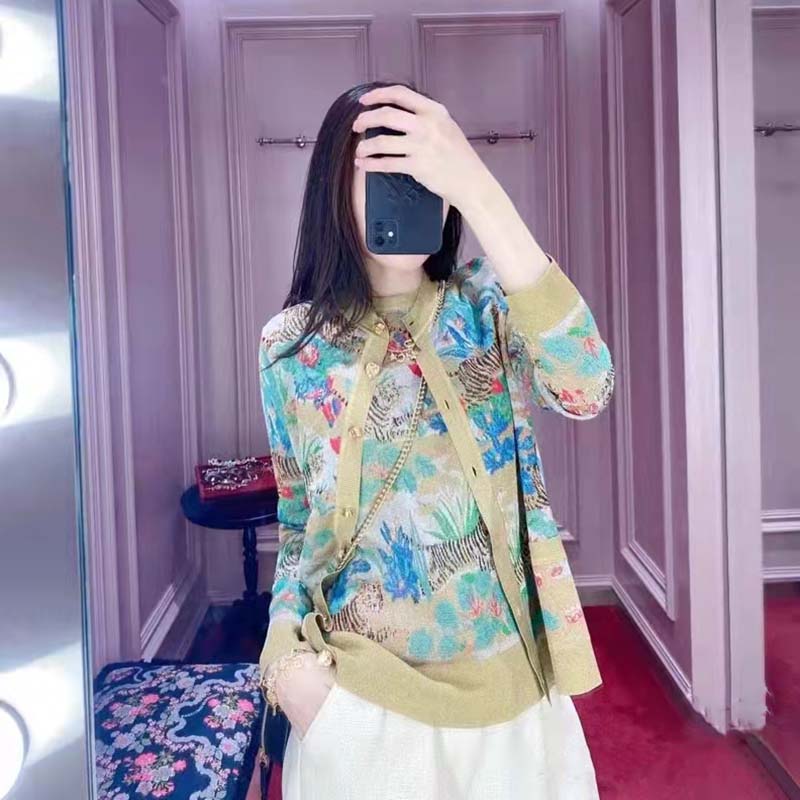 G*u*i women gg tiger jacquard cardigan gold green tiger flower extra fine lurex crewneck