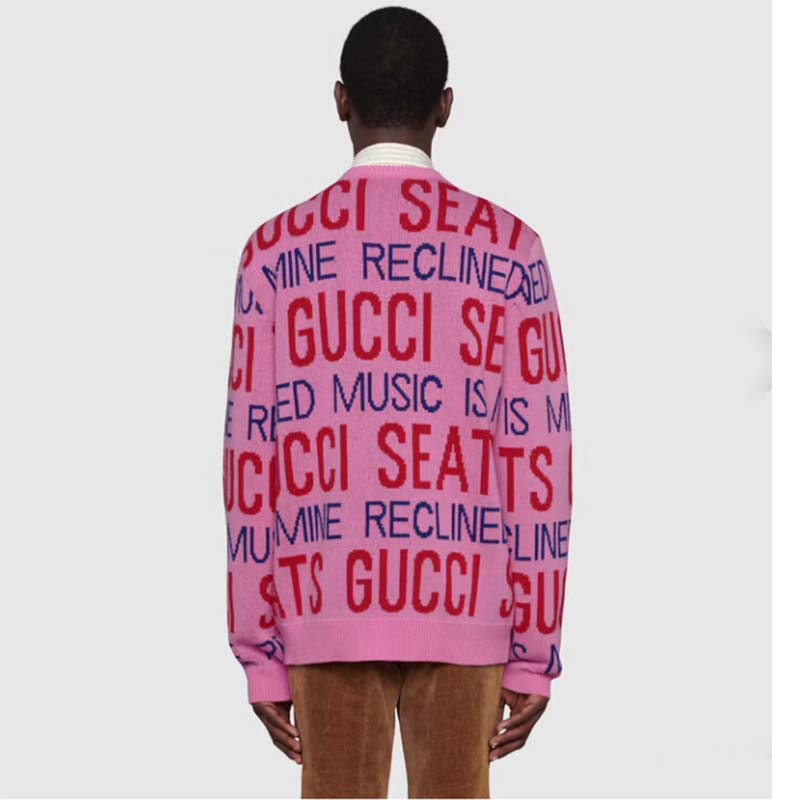 G*u*i men G*u*i 100 wool sweater pink red knit wool crew neck