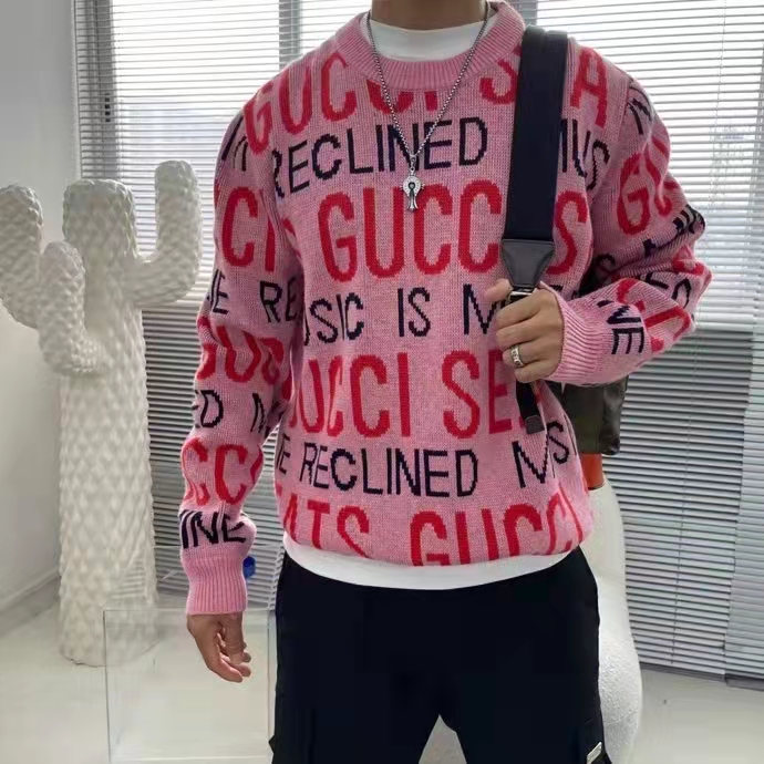 G*u*i men G*u*i 100 wool sweater pink red knit wool crew neck