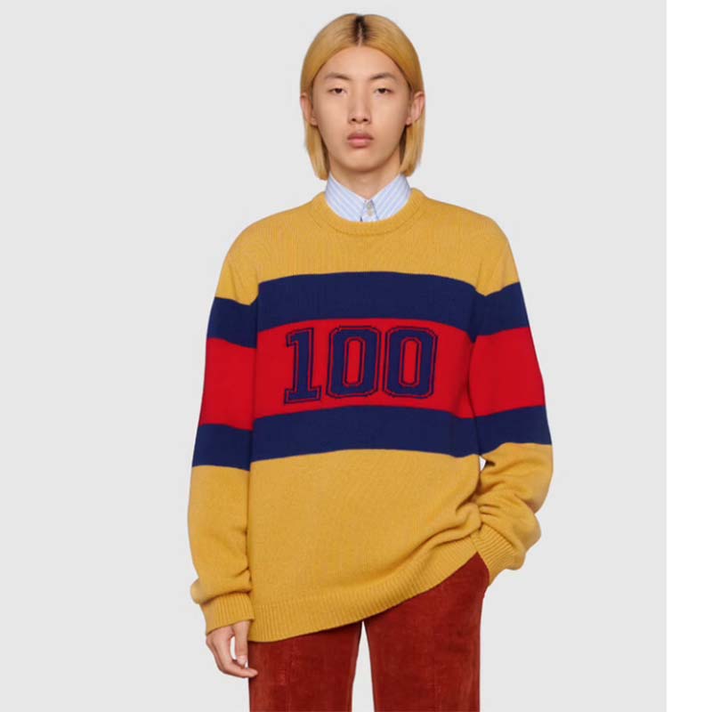 G*u*i men G*u*i 100 wool sweater yellow wool blue red web 100 intarsia