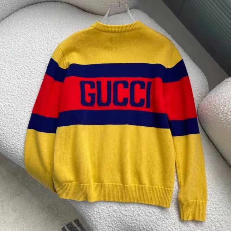 G*u*i men G*u*i 100 wool sweater yellow wool blue red web 100 intarsia