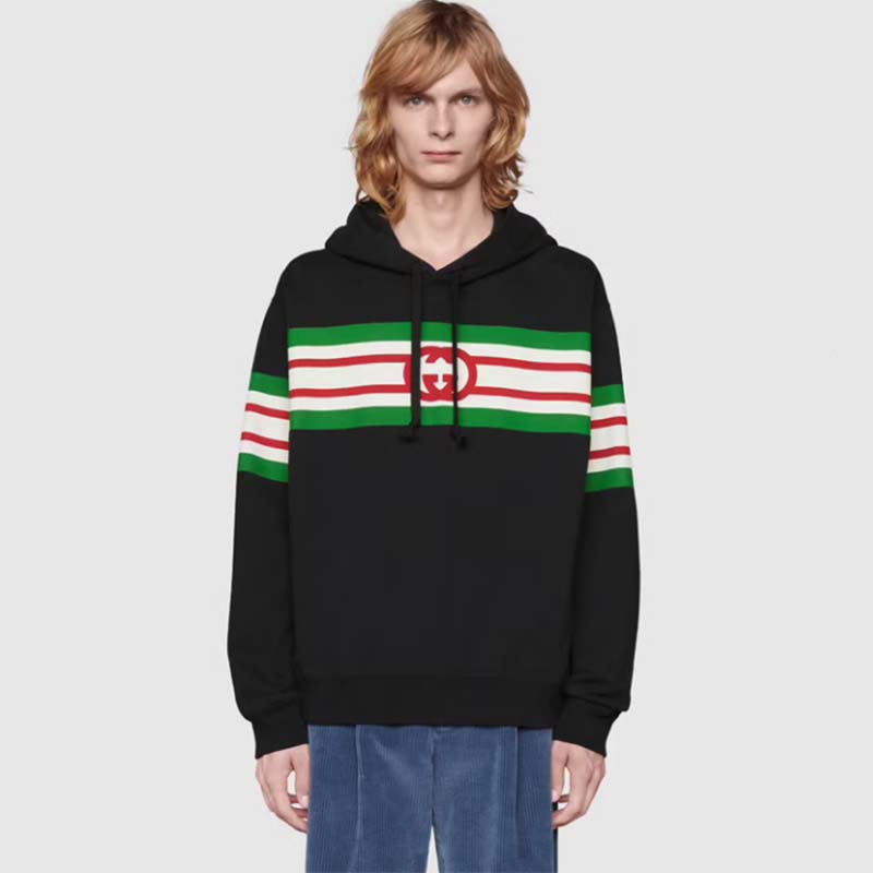 G*u*i men interlocking g print sweatshirt washed black light felted cotton jersey
