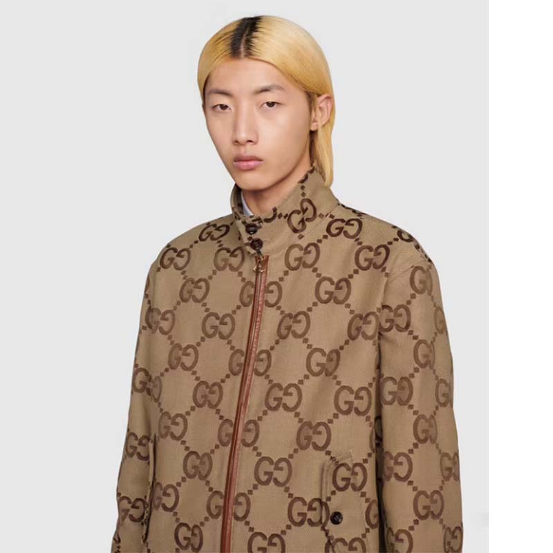G*u*i men jumbo gg canvas jacket beige ebony jumbo cotton wool leather