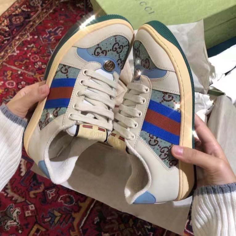 G*u*i unisex screener sneaker crystals brown blue gg canvas 3.6 cm heel