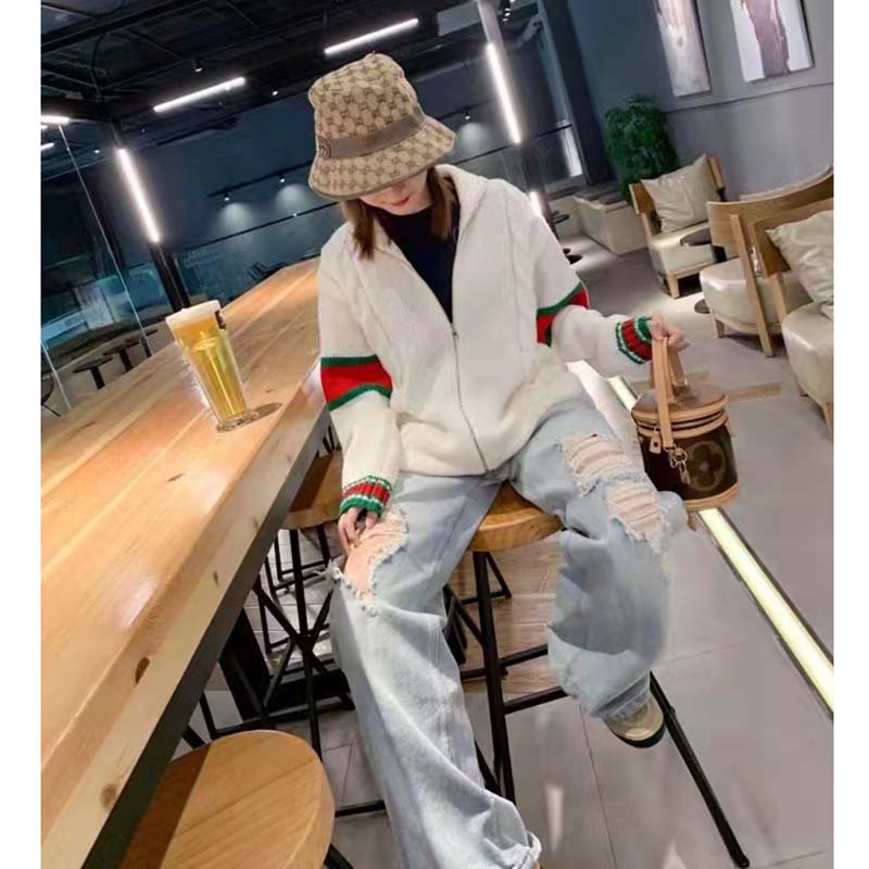 G*u*i women gg cable knit bomber jacket off-white cable knit wool