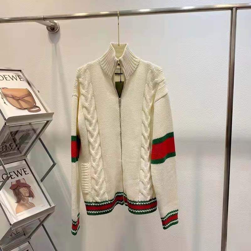 G*u*i men gg cable knit bomber jacket off-white cable knit wool