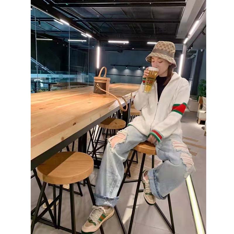 G*u*i women gg cable knit bomber jacket off-white cable knit wool