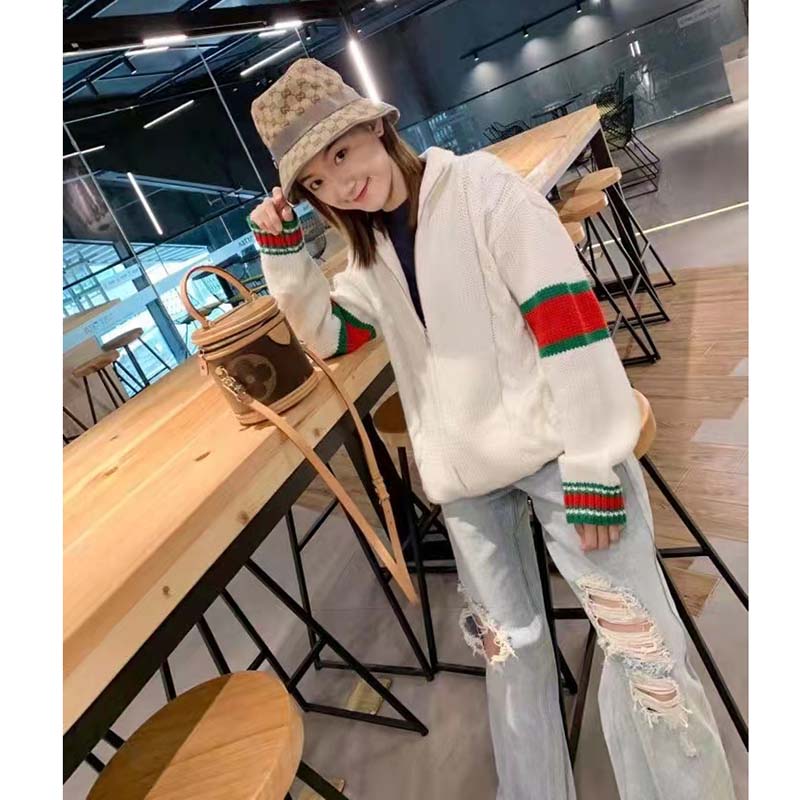 G*u*i women gg cable knit bomber jacket off-white cable knit wool