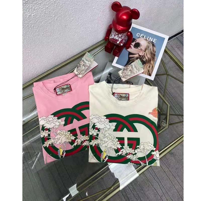 G*u*i women gg tiger interlocking g t-shirt pink cotton jersey flower crewneck oversize fit
