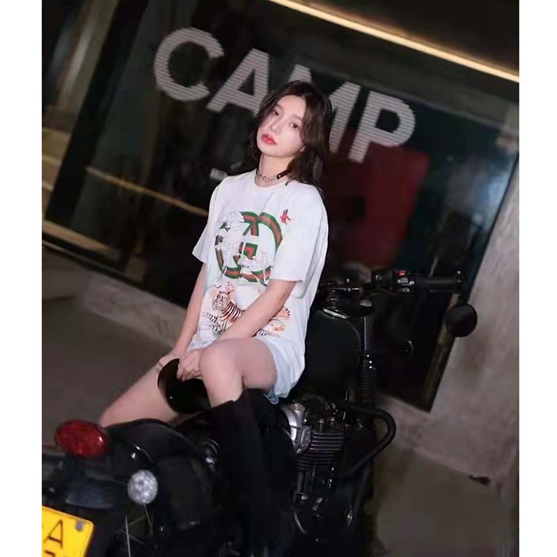 G*u*i women gg tiger interlocking g t-shirt white cotton jersey flower crewneck oversize fit
