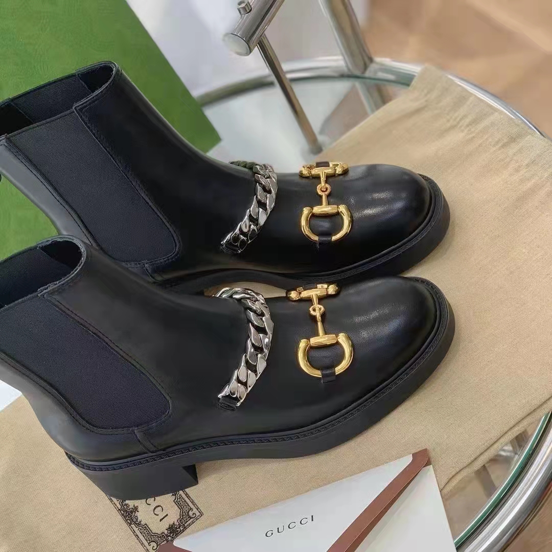 G*u*i women’s chelsea boot chain black leather horsebit 3 cm heel