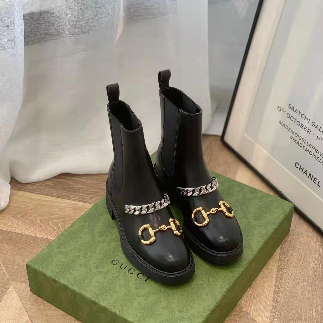 G*u*i women’s chelsea boot chain black leather horsebit 3 cm heel