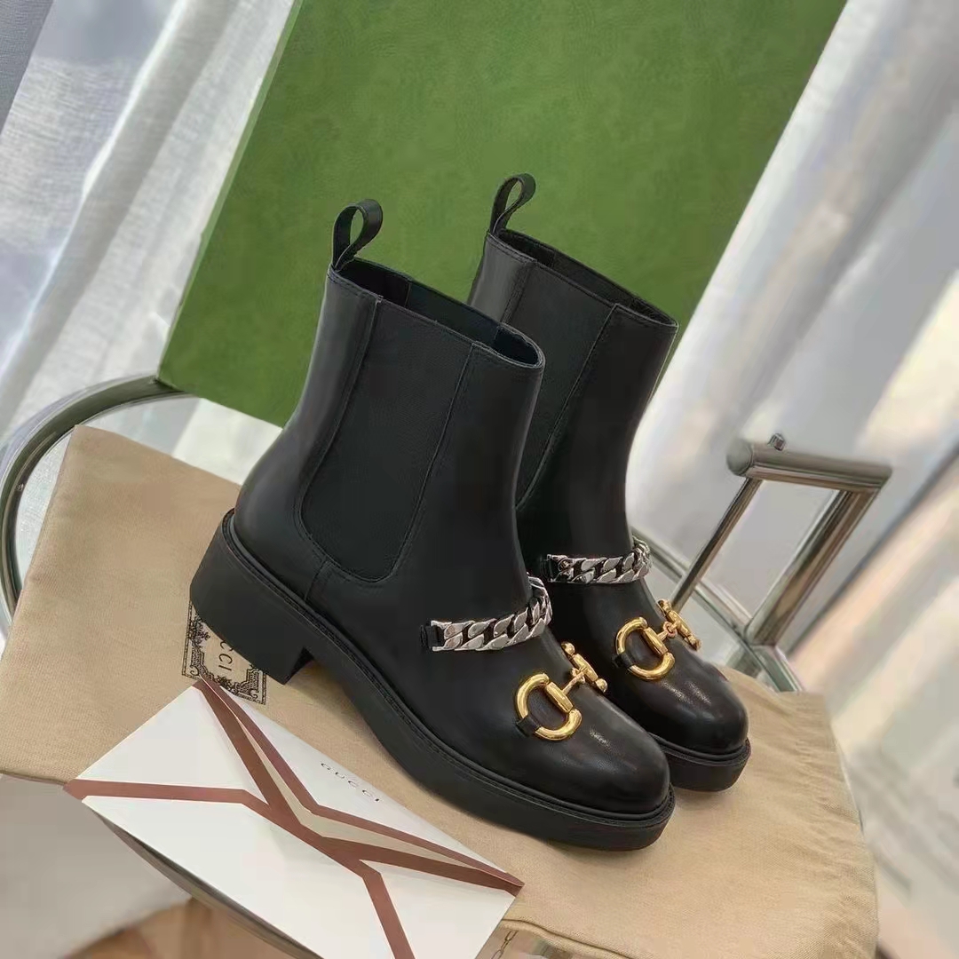 G*u*i women’s chelsea boot chain black leather horsebit 3 cm heel