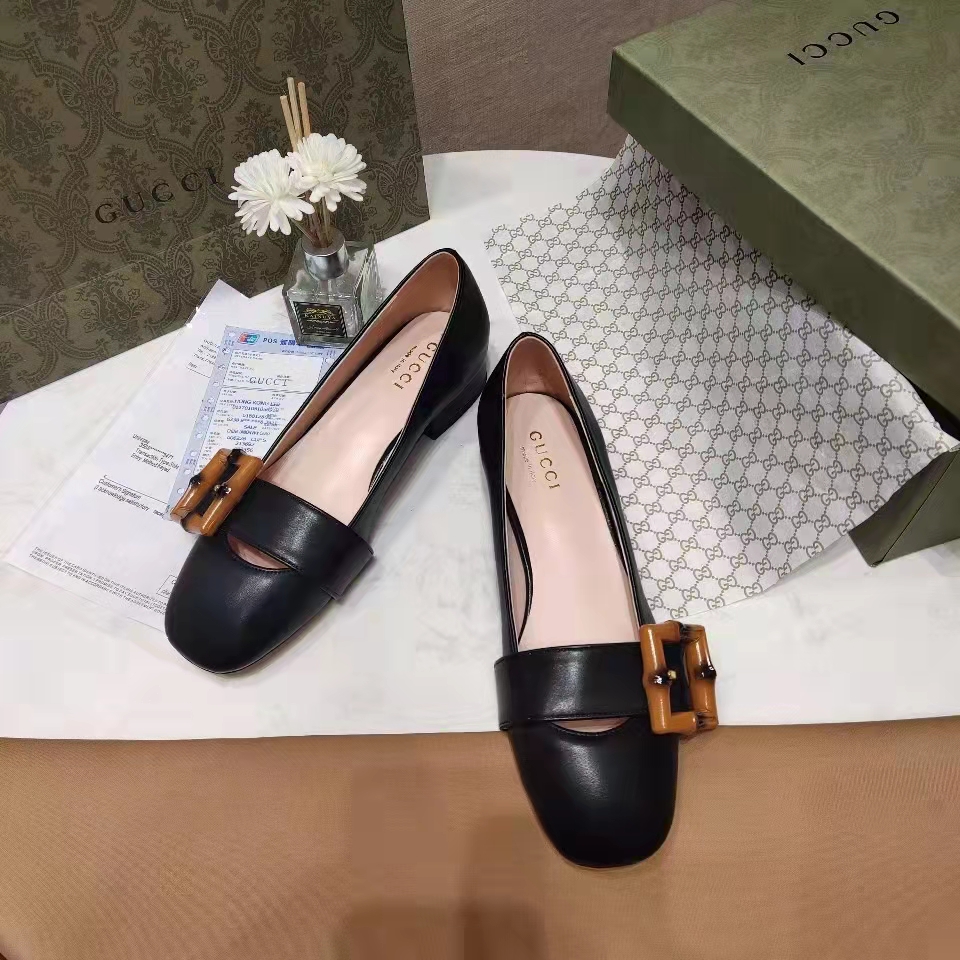 G*u*i women’s gg ballet flat bamboo buckle black leather round toe chunky heel
