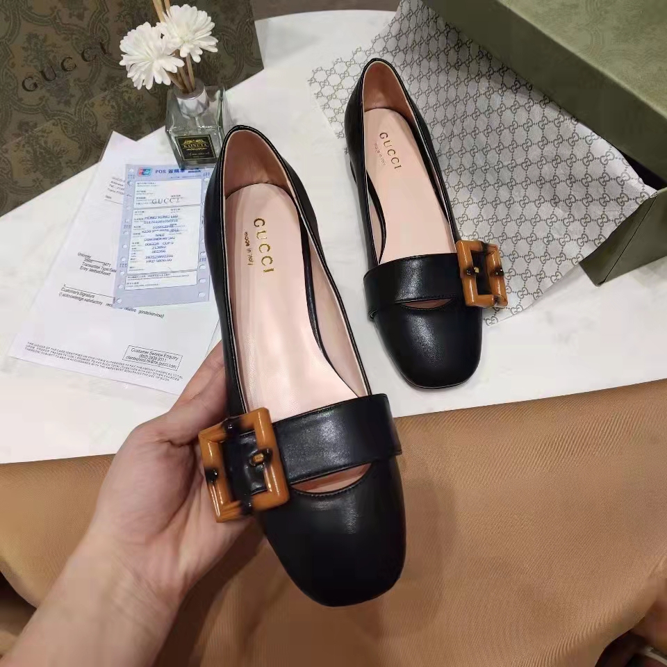 G*u*i women’s gg ballet flat bamboo buckle black leather round toe chunky heel