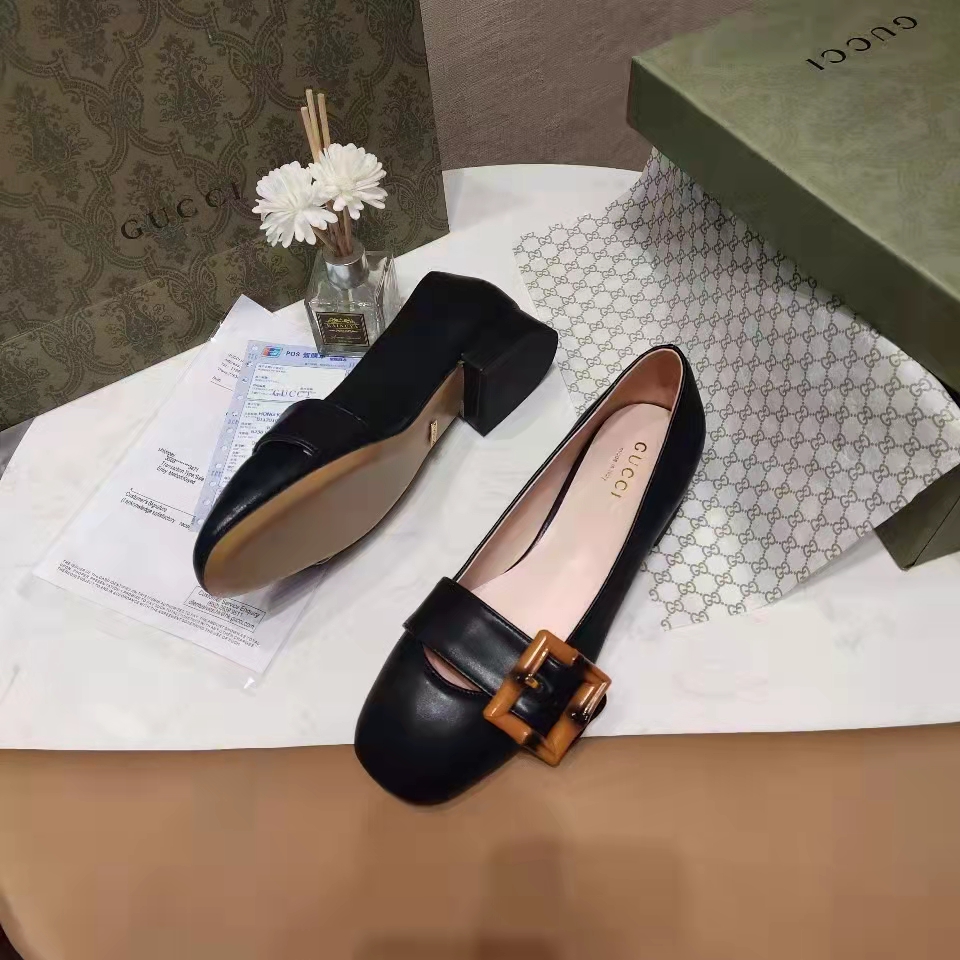 G*u*i women’s gg ballet flat bamboo buckle black leather round toe chunky heel