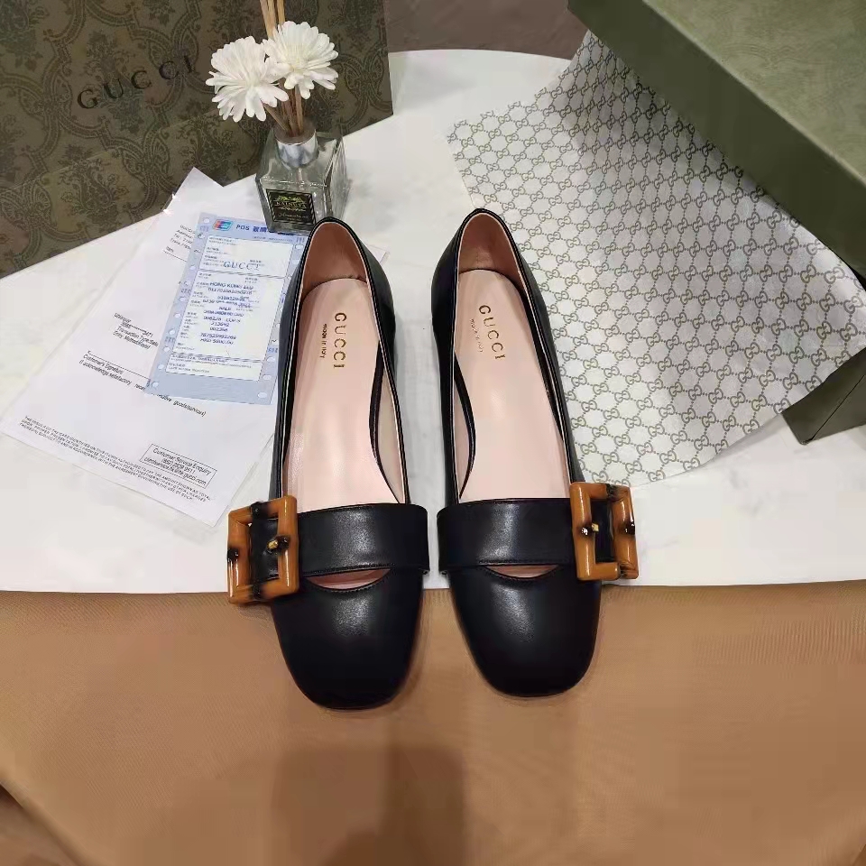 G*u*i women’s gg ballet flat bamboo buckle black leather round toe chunky heel
