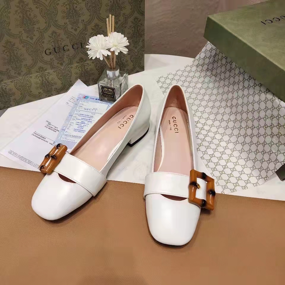 G*u*i women’s gg ballet flat bamboo buckle white leather round toe chunky heel