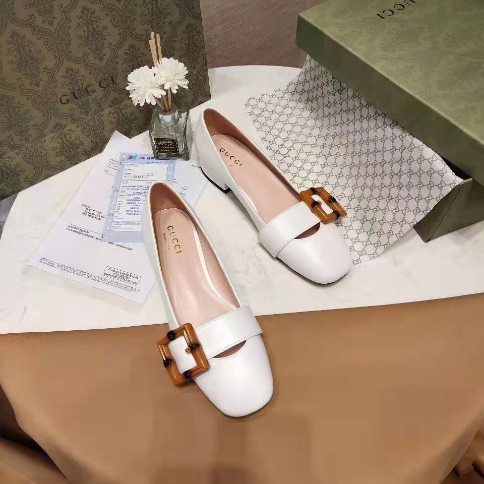 G*u*i women’s gg ballet flat bamboo buckle white leather round toe chunky heel
