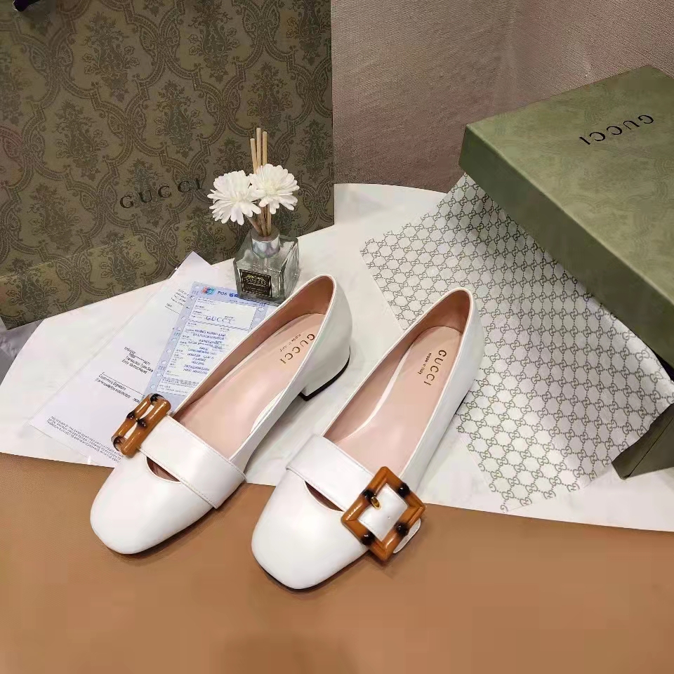 G*u*i women’s gg ballet flat bamboo buckle white leather round toe chunky heel