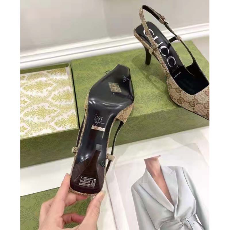 G*u*i women’s gg slingback pump beige ebony original gg canvas 7.5 cm heel