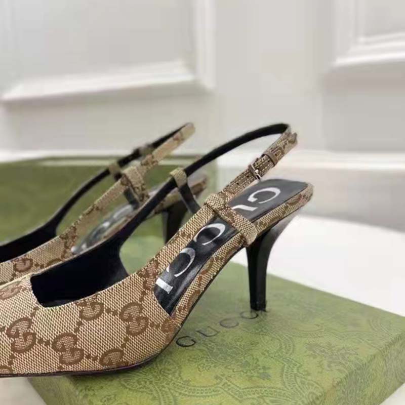 G*u*i women’s gg slingback pump beige ebony original gg canvas 7.5 cm heel