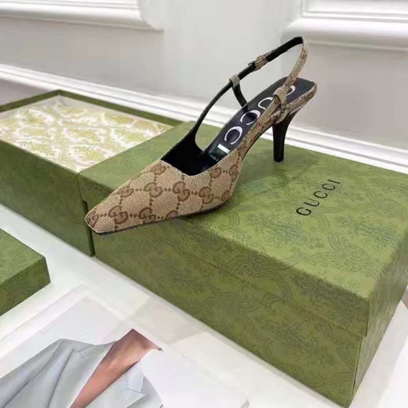 G*u*i women’s gg slingback pump beige ebony original gg canvas 7.5 cm heel