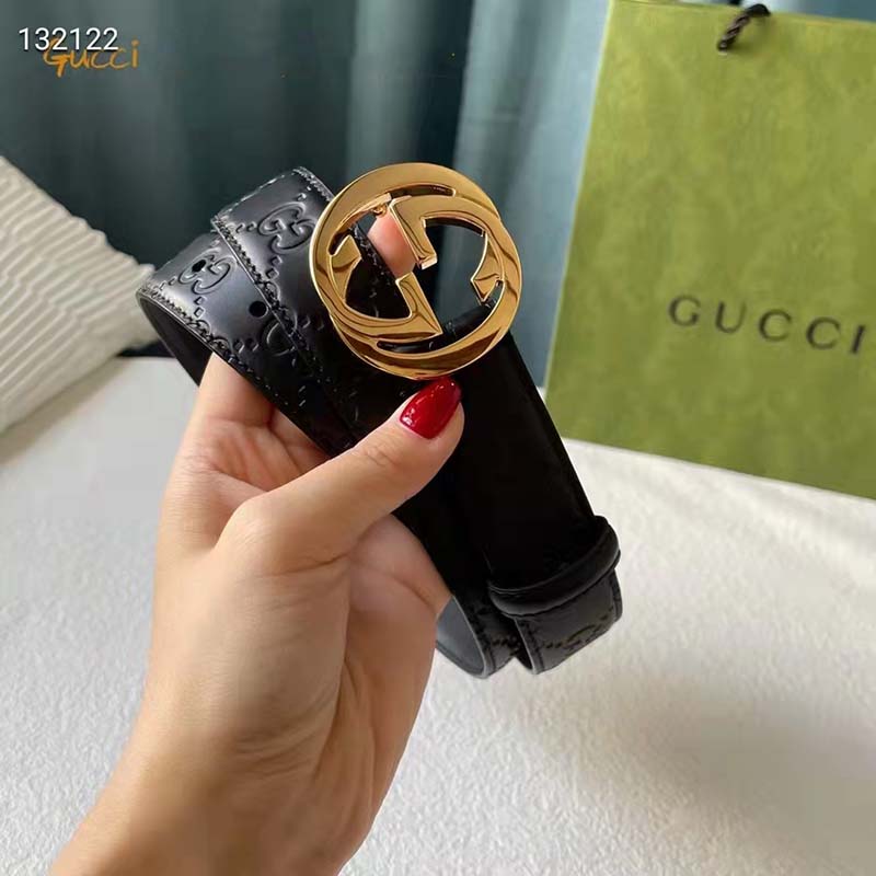 G*u*i unisex gg signature leather belt interlocking g buckle gold hardware 4 cm width