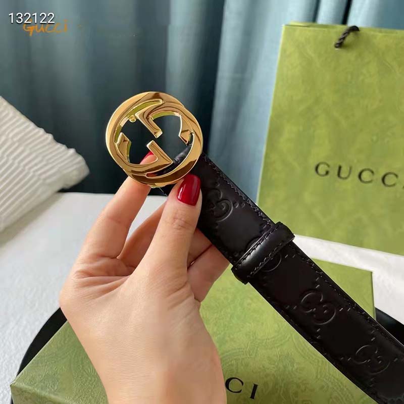 G*u*i unisex gg signature leather belt interlocking g buckle gold hardware 4 cm width