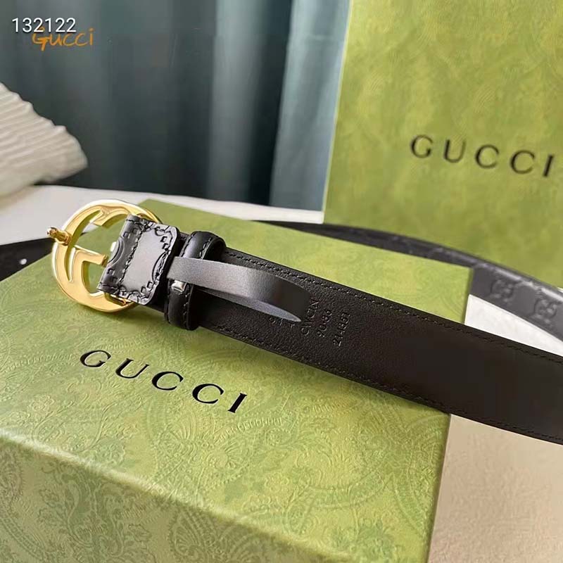 G*u*i unisex gg signature leather belt interlocking g buckle gold hardware 4 cm width