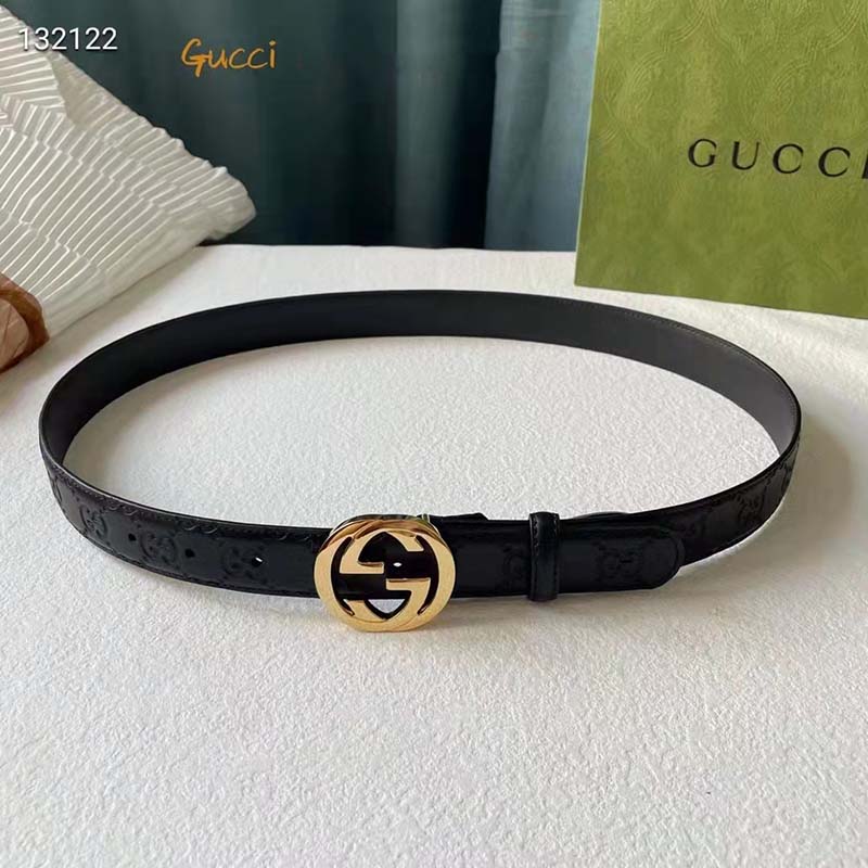 G*u*i unisex gg signature leather belt interlocking g buckle gold hardware 4 cm width