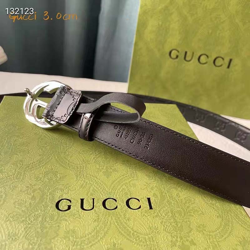 G*u*i unisex gg signature leather belt interlocking g buckle silver hardware 4 cm width