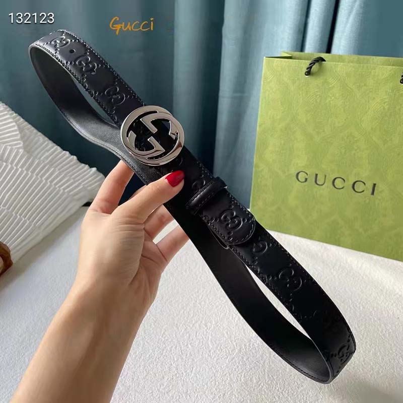 G*u*i unisex gg signature leather belt interlocking g buckle silver hardware 4 cm width