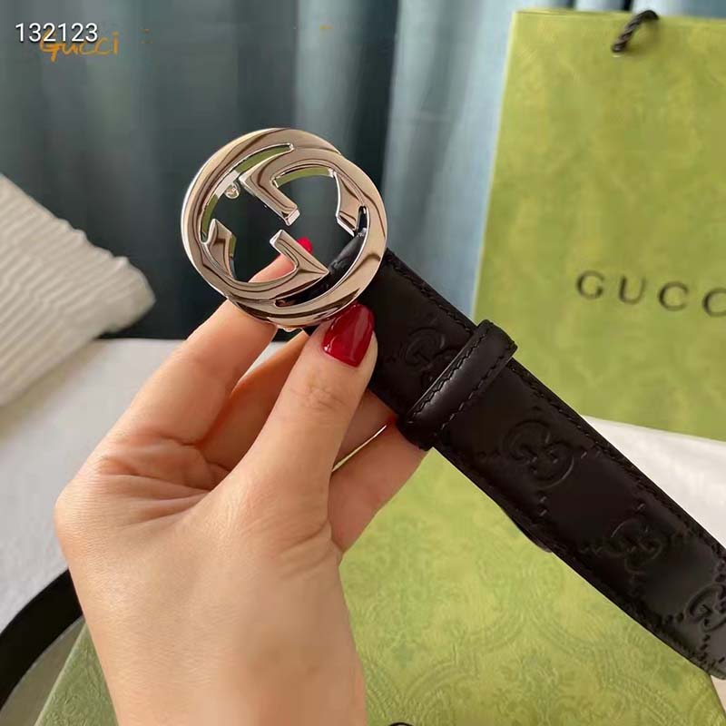 G*u*i unisex gg signature leather belt interlocking g buckle silver hardware 4 cm width