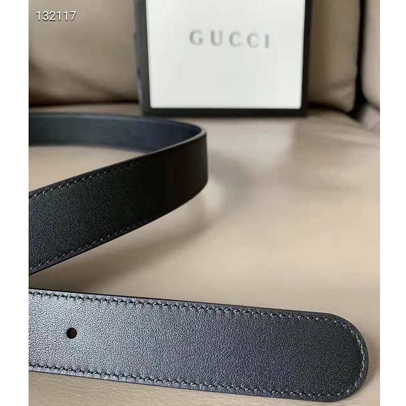 G*u*i unisex slim leather belt double g buckle black leather 3 cm width
