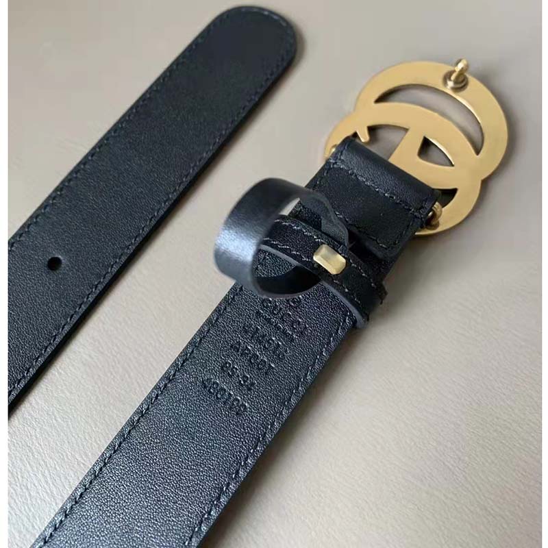 G*u*i unisex slim leather belt double g buckle black leather 3 cm width
