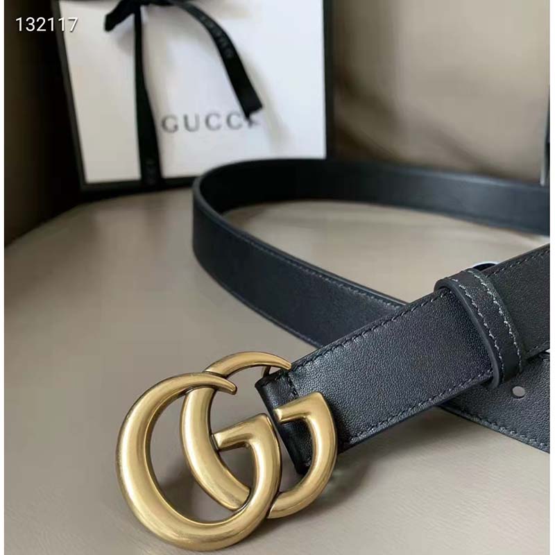 G*u*i unisex slim leather belt double g buckle black leather 3 cm width