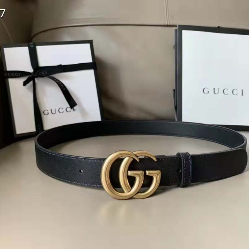 G*u*i unisex slim leather belt double g buckle black leather 3 cm width