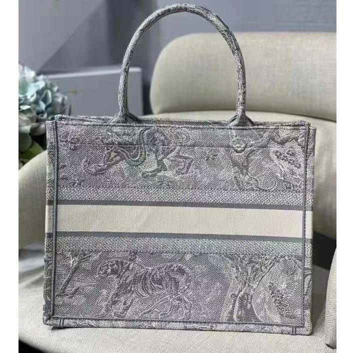 Dior Unisex CD Medium Dior Book Tote Gray Toile De Jouy Embroidery