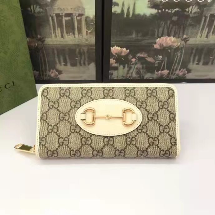 G*u*i unisex 1955 horsebit zip around wallet beige ebony gg supreme canvas