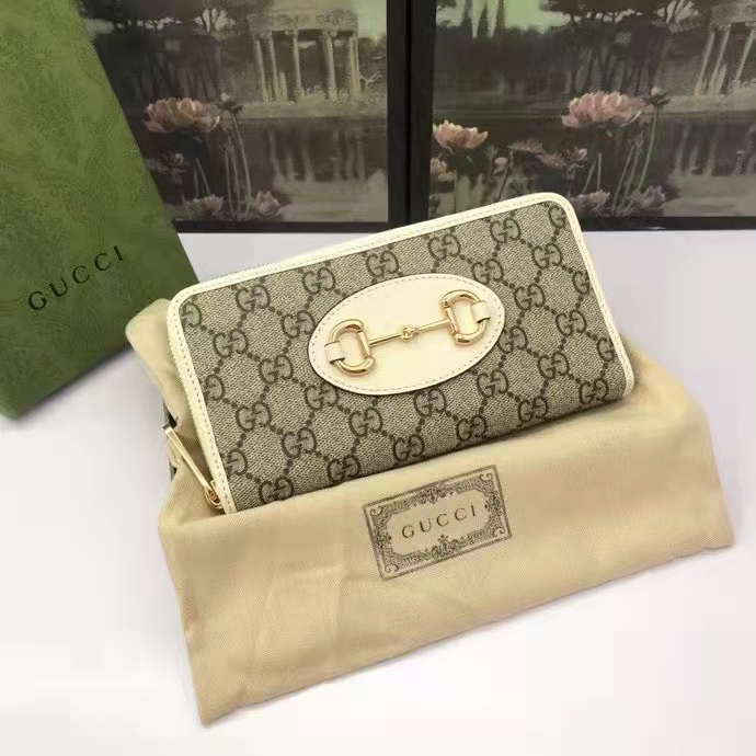 G*u*i unisex 1955 horsebit zip around wallet beige ebony gg supreme canvas