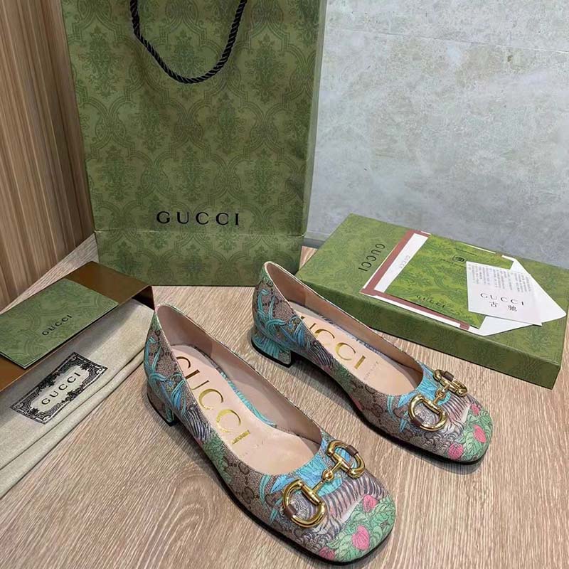 G*u*i women gg tiger ballet flat horsebit tiger flower beige ebony supreme canvas
