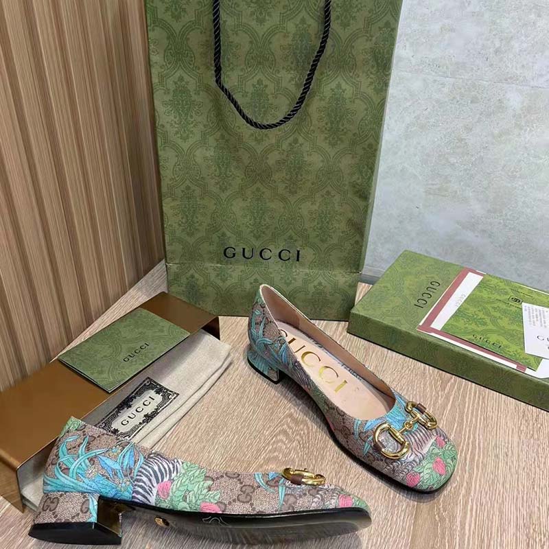 G*u*i women gg tiger ballet flat horsebit tiger flower beige ebony supreme canvas