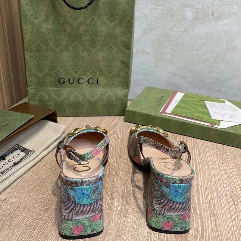 G*u*i women gg tiger mid-heel slingback tiger flower beige ebony supreme canvas