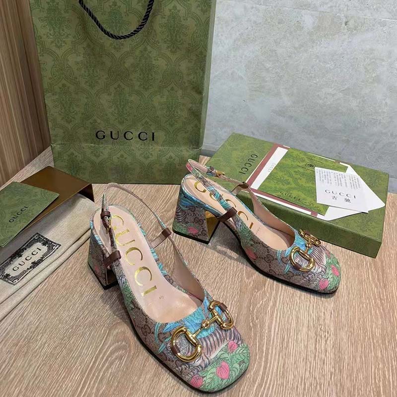G*u*i women gg tiger mid-heel slingback tiger flower beige ebony supreme canvas