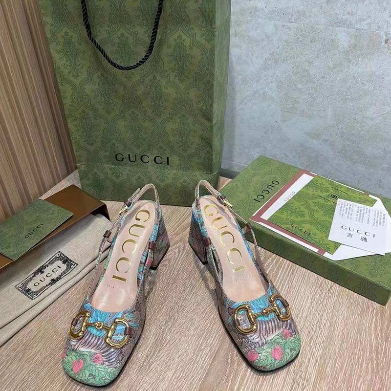 G*u*i women gg tiger mid-heel slingback tiger flower beige ebony supreme canvas